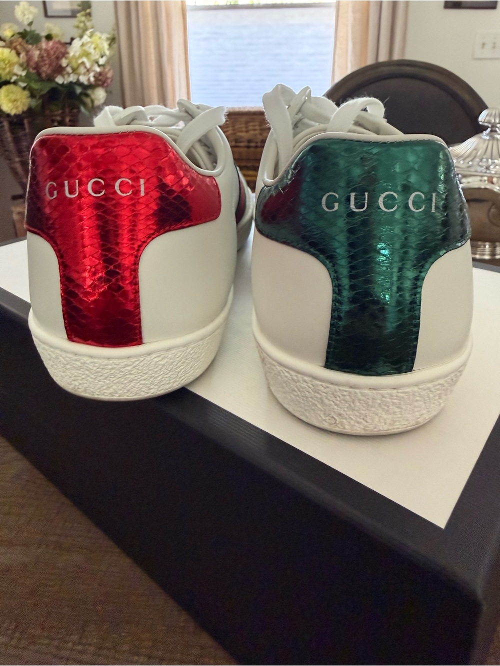 Gucci White Leather Sneakers with Metallic Red & Green Heel Panels
